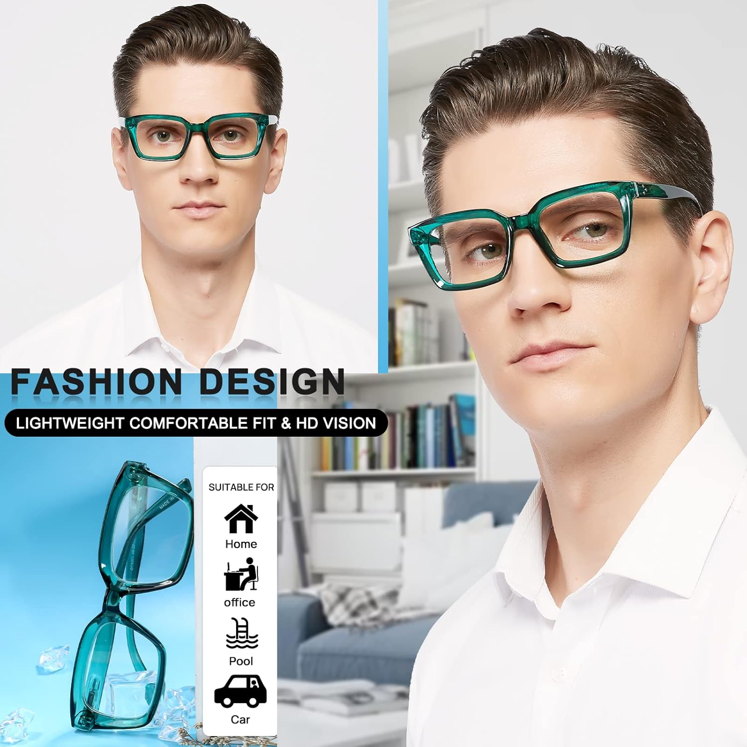 MARE AZZURO Anteojos de lectura cuadrados retro 1.00 para hombres grandes 100 125 150 175 200 225 250 275 300 350 400 500 600 (verde, 1.0)