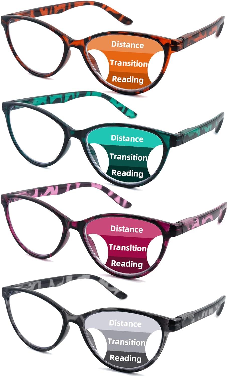 Paquete de 4 lentes de lectura multifocales progresivos de ojo de gato para mujeres, lectores con bloqueo de luz azul con bisagras de resorte