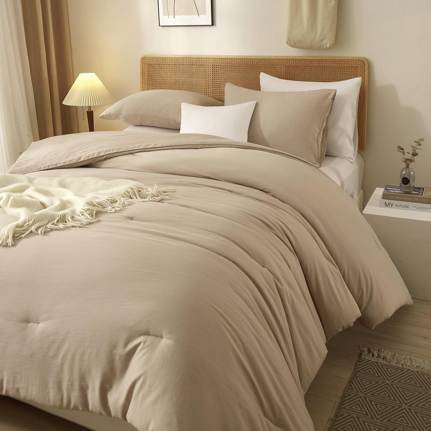 AMWAN Juego de edredón de color caqui, tamaño Queen, juego de ropa de cama y colecciones de 3 piezas, color caqui, para todas las estaciones, juego
