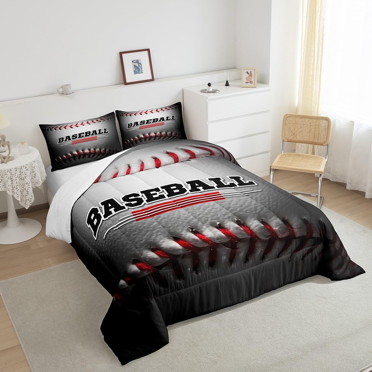 Manfei Juego de edredón de béisbol blanco para niños, tamaño matrimonial, juego de edredón con temática deportiva con 2 fundas de almohada, juego de