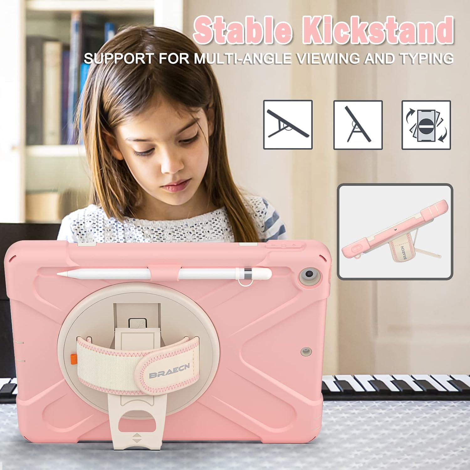 BRAECN Funda para iPad de 10.2 pulgadas 202120202019, funda híbrida de tres capas para niños y niñas, con correa para el hombro, correa de mano,