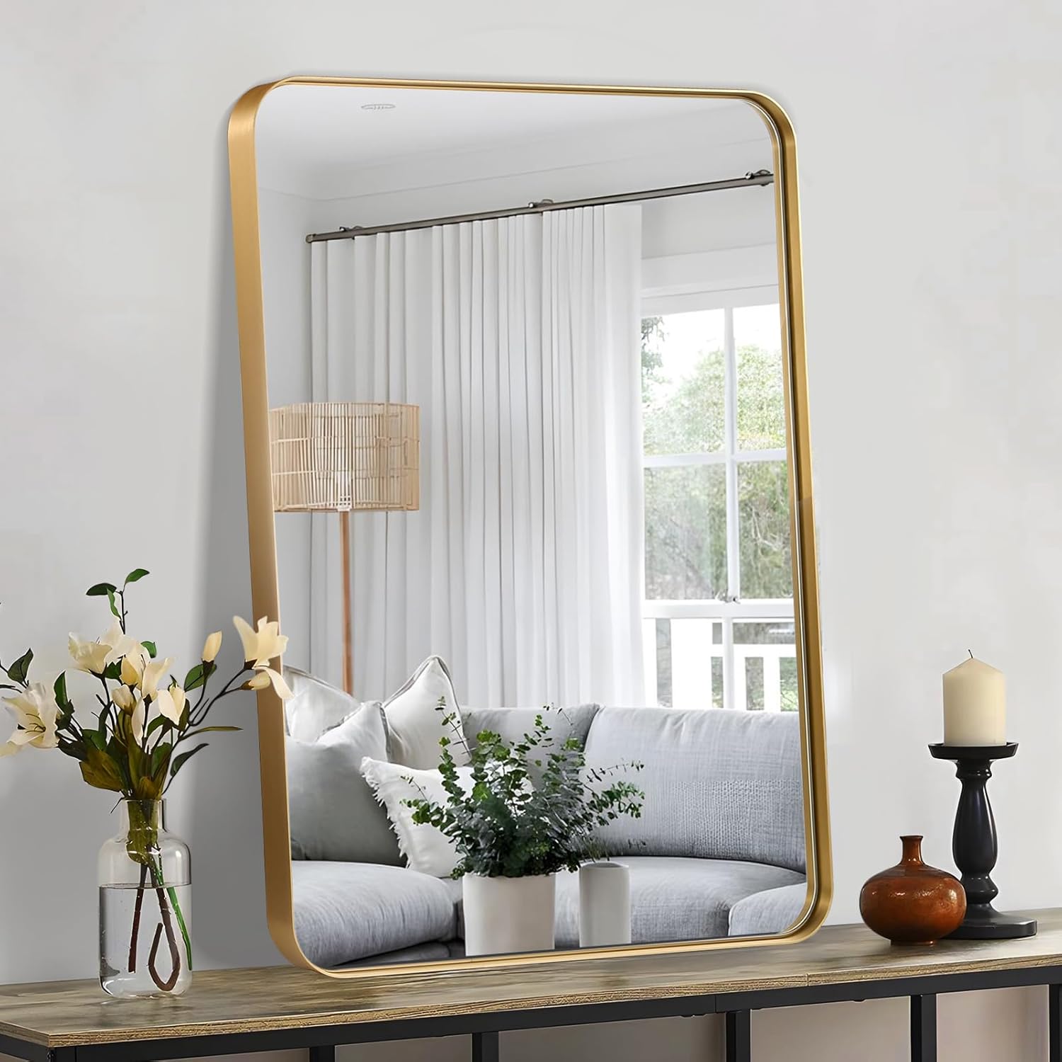Espejo de baño dorado de 22 x 30 pulgadas, espejo rectangular con marco de metal cepillado con esquina redondeada, espejo de tocador de baño dorado