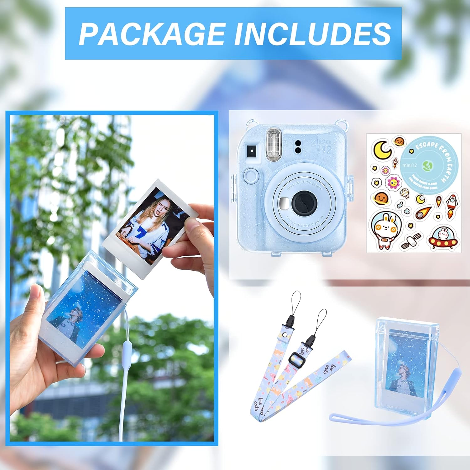 HIYQIN Polaroid Mini 12 – Funda transparente con bolsillo para almacenamiento de fotos y accesorios para cámara instantánea Fujifilm Instax Mini 12,