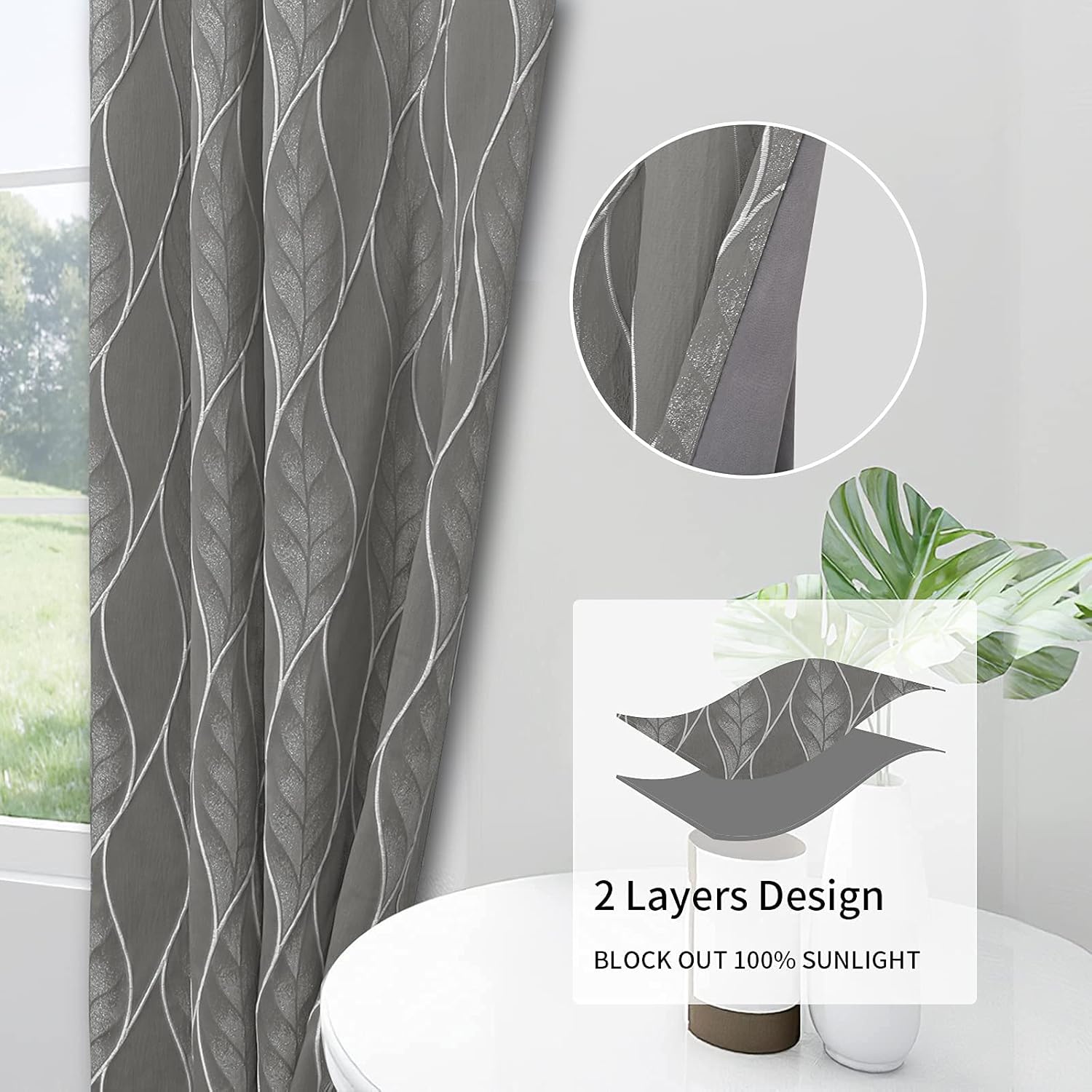 Easy-Going Cortina opaca 100 % jacquard 3D, elegante textura con bloqueo de luz, para sala de estar, lujosa cortina gruesa que reduce el ruido, 2