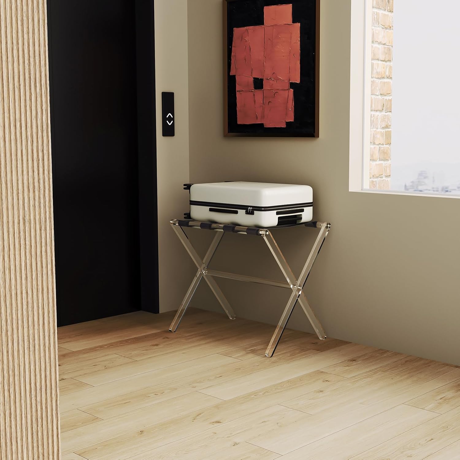 Sumerflos Portaequipajes de acrílico para habitación de invitados, soporte plegable transparente para maleta con correas de cuero para dormitorio,