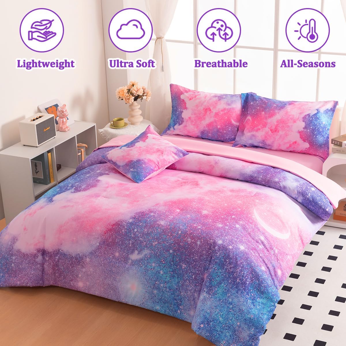 Galaxy – Juego de ropa de cama individual para niñas, juego de edredón de 6 piezas con sábanas, juego de ropa de cama con purpurina rosa y morado