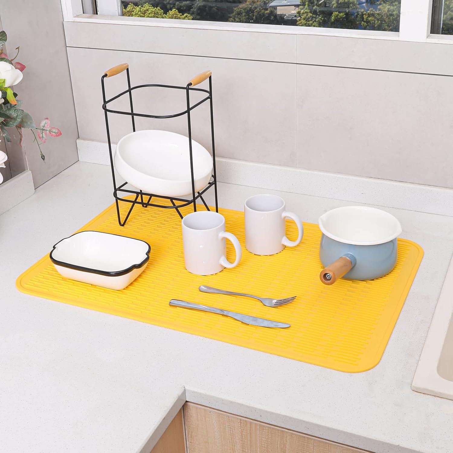 MicoYang Alfombrilla de silicona para secado de platos para múltiples usos, fácil de limpiar, ecológica, resistente al calor, alfombrilla de