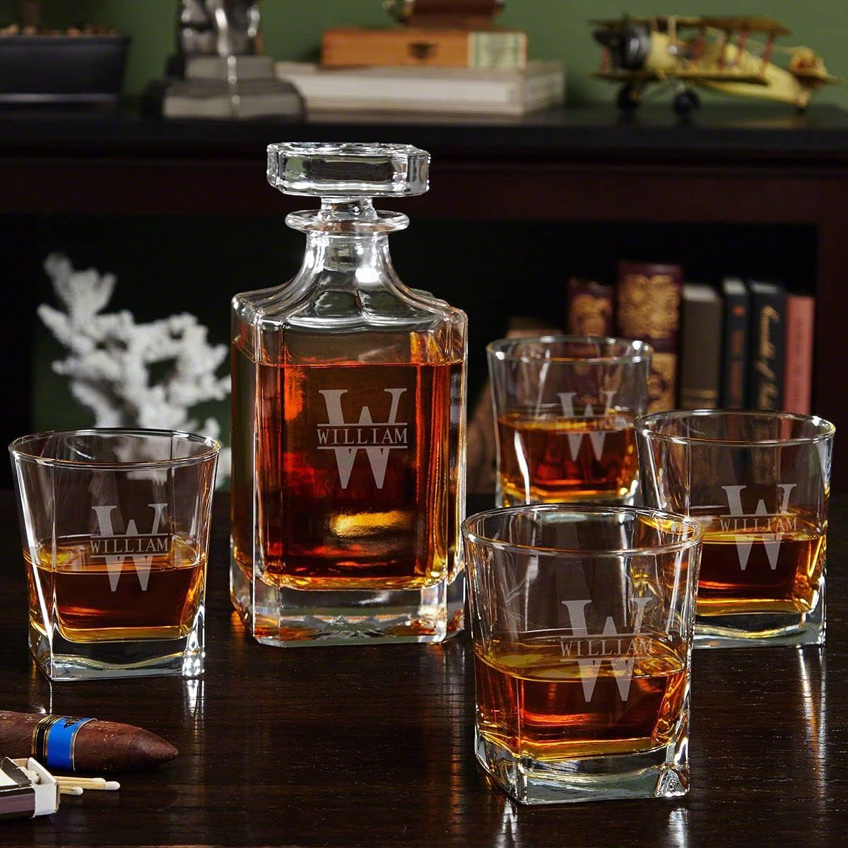 Juego de decantador de whisky personalizado con 4 vasos cuadrados de rocas, caja de regalo disponible