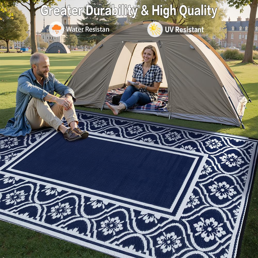 Alfombra de patio al aire libre, 5 x 8 pies, impermeable, alfombra de paja de plástico reversible azul para caravana, cubierta, camping, entrada,
