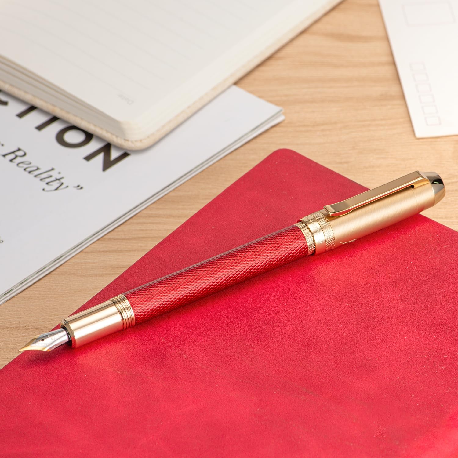 Jinhao 92 Pluma estilográfica roja de punta media, metal sólido con convertidor de escritura lisa pluma de caligrafía