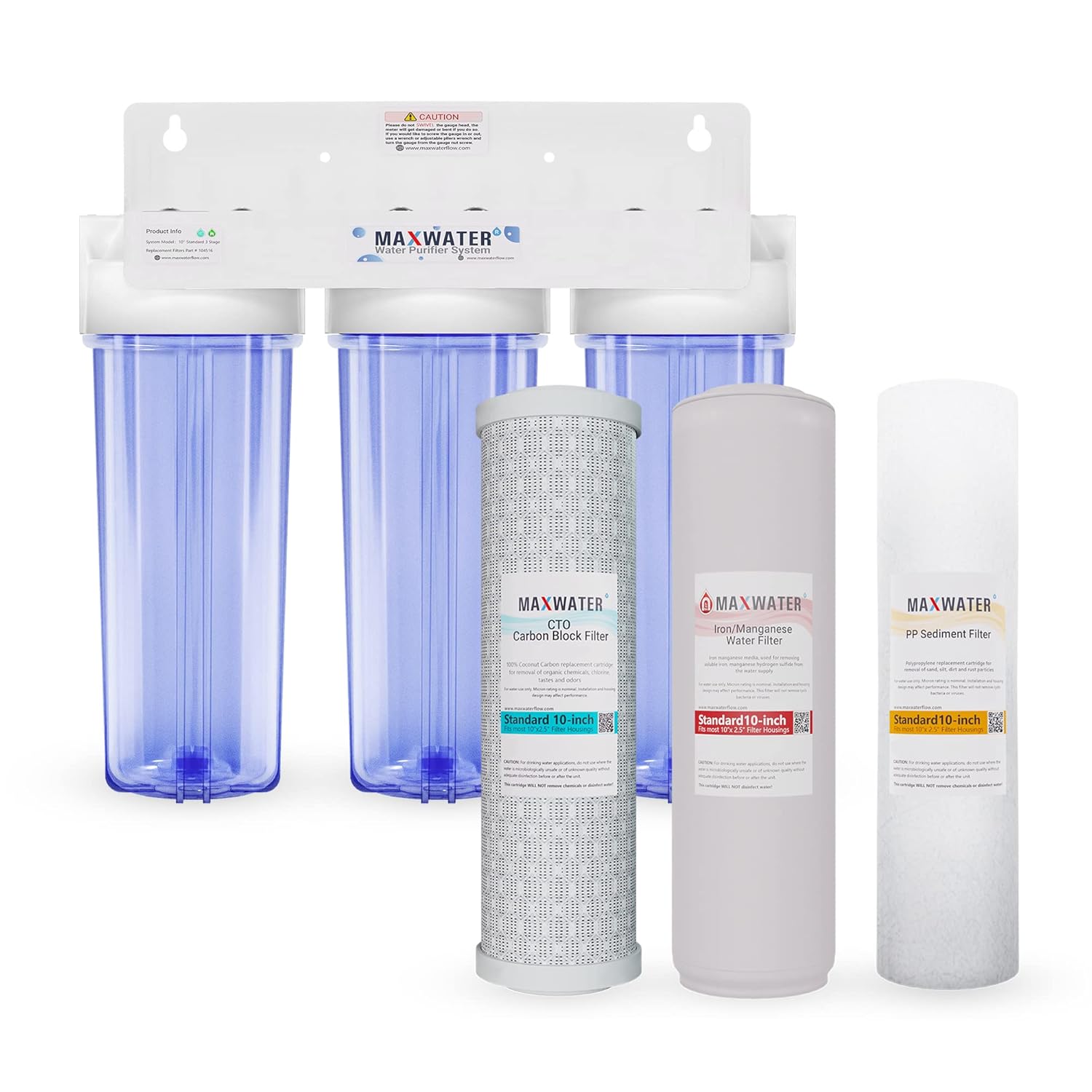 Max Water Sistema de filtro de agua de manganeso de hierro estándar de 3 etapas de 10 pulgadas para toda la casa  Sedimento + Manganeso de hierro +