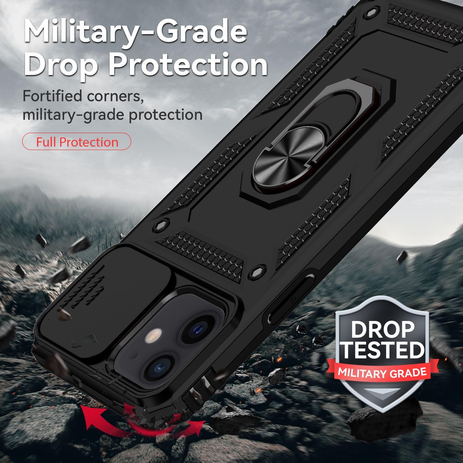 Funda para iPhone 12, iPhone 12 Pro, con protector de pantalla y funda para cámara, grado militar 16 pies. Funda protectora a prueba de caídas con