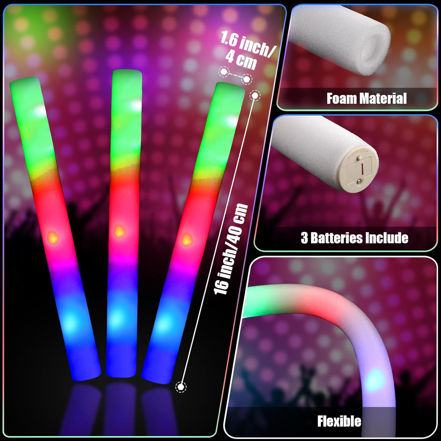 Libima 350 varillas de espuma LED que brillan a granel, 3 modos intermitentes que brillan en la oscuridad, para recuerdos de fiesta, cumpleaños,
