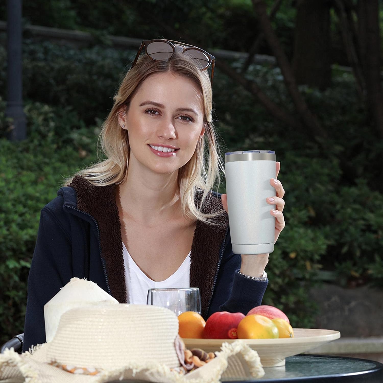 Meway – Vaso de 20 onzas de doble pared con aislamiento al vacío, con purpurina, de acero inoxidable con tapa y pajilla, taza de café con pintura