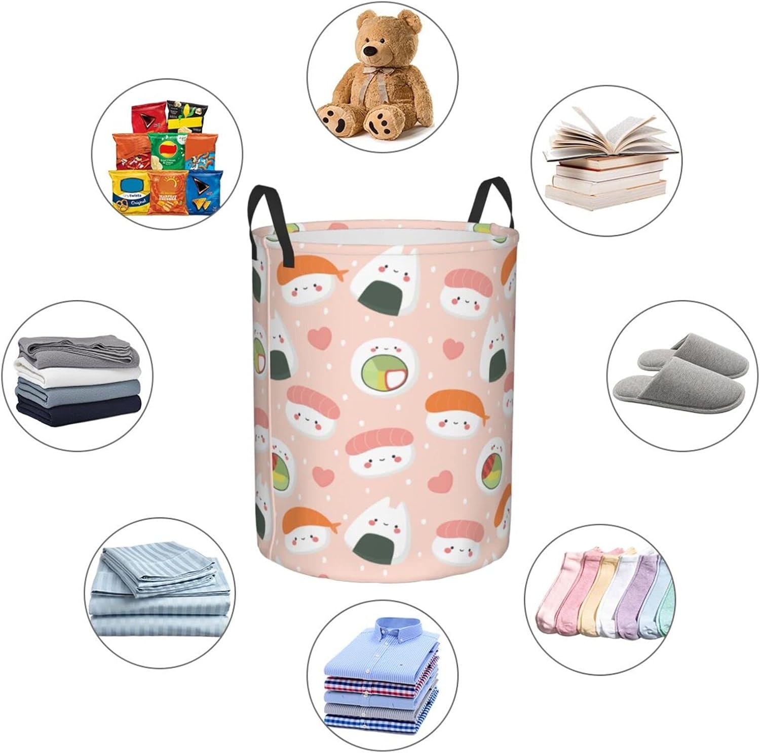Cesta de lavandería plegable con diseño de comida de sushi con asa, impermeable, cesta de almacenamiento de lavandería, organizador de contenedores