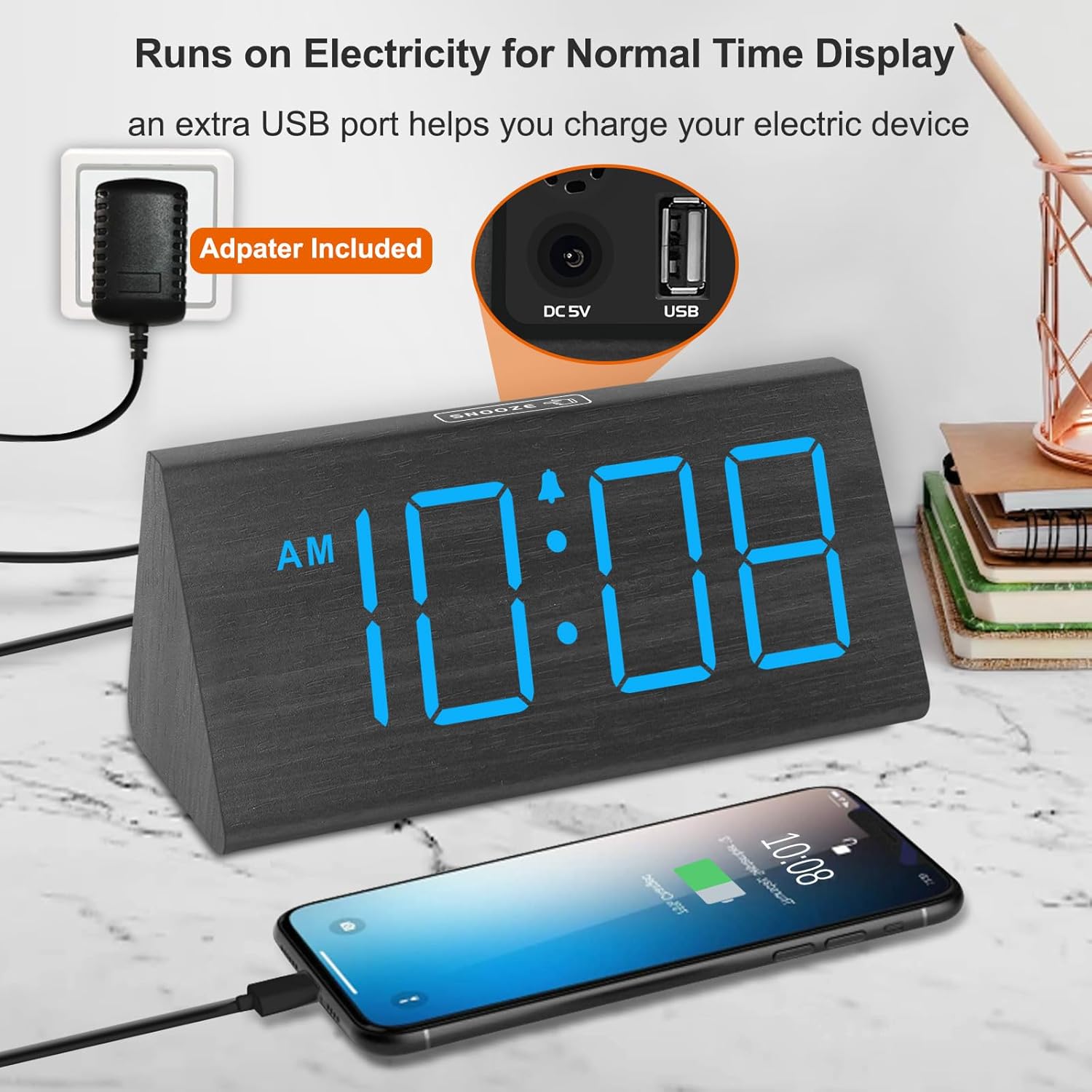 DreamSky Reloj despertador digital para dormitorio de madera