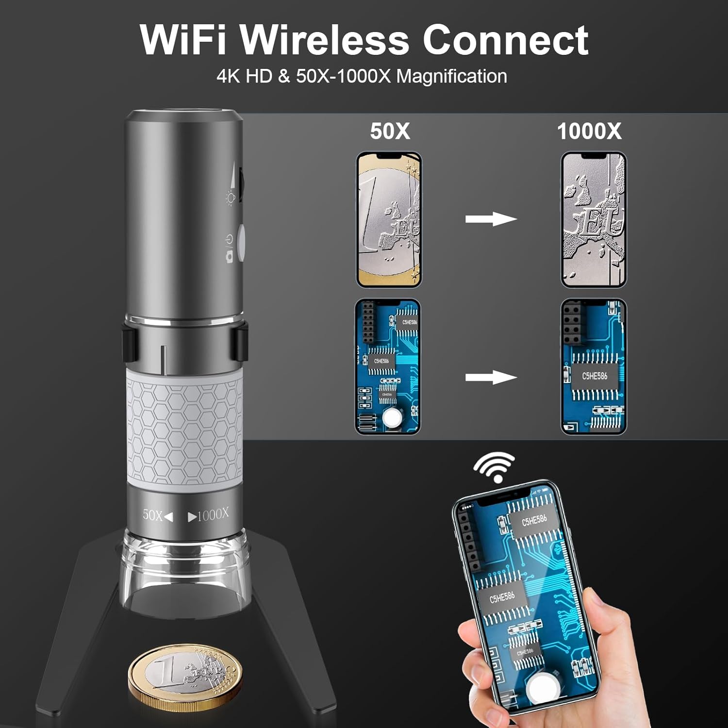 Bysameyee Microscopio digital inalámbrico 4K HD Microscopio Wi-Fi Cámara Lupa digital compatible con iPhone, teléfonos Android y PC (negro)