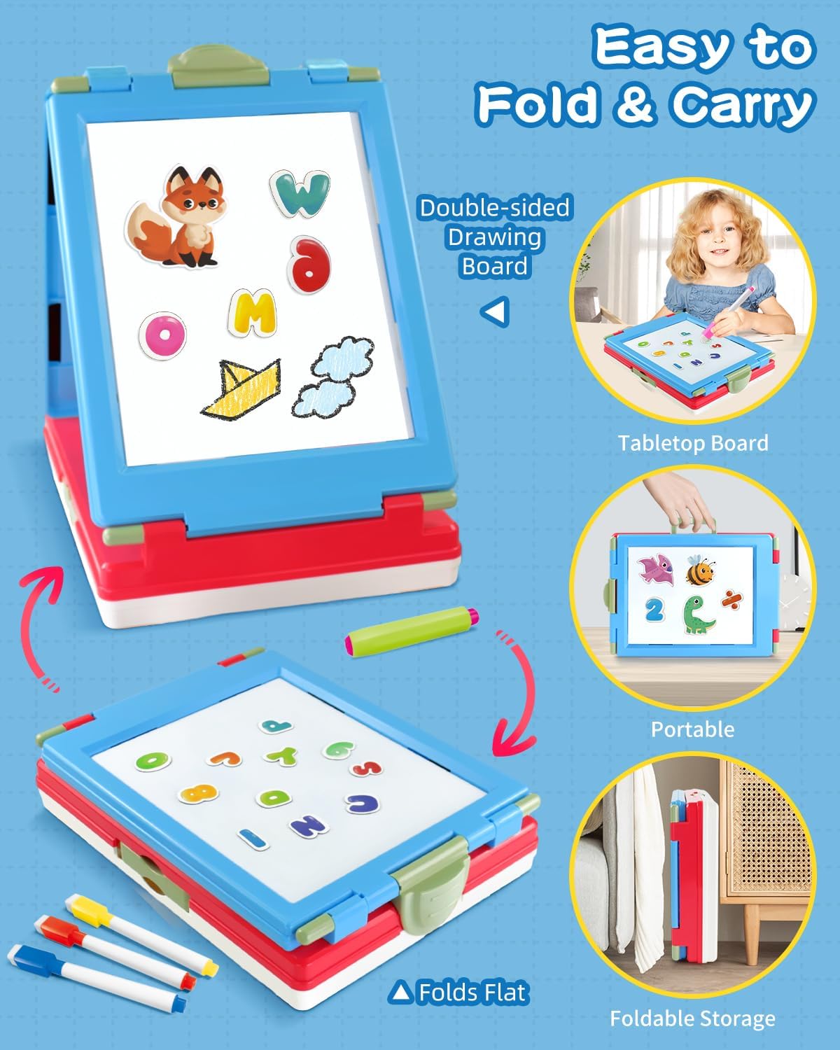 Caballete para niños, caballete de arte de doble cara 4 en 1 con pizarra y pizarra blanca magnética, caballete de mesa plegable para niños con