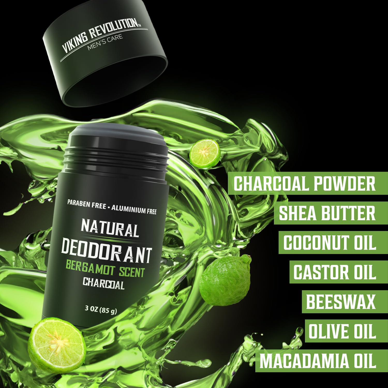Viking Revolution Bergamot Deodorant for Men – Natural Deodorant for Men Charcoal Deodorant Men with Shea Butter, Coconut Oil, Baking Soda, Beeswax