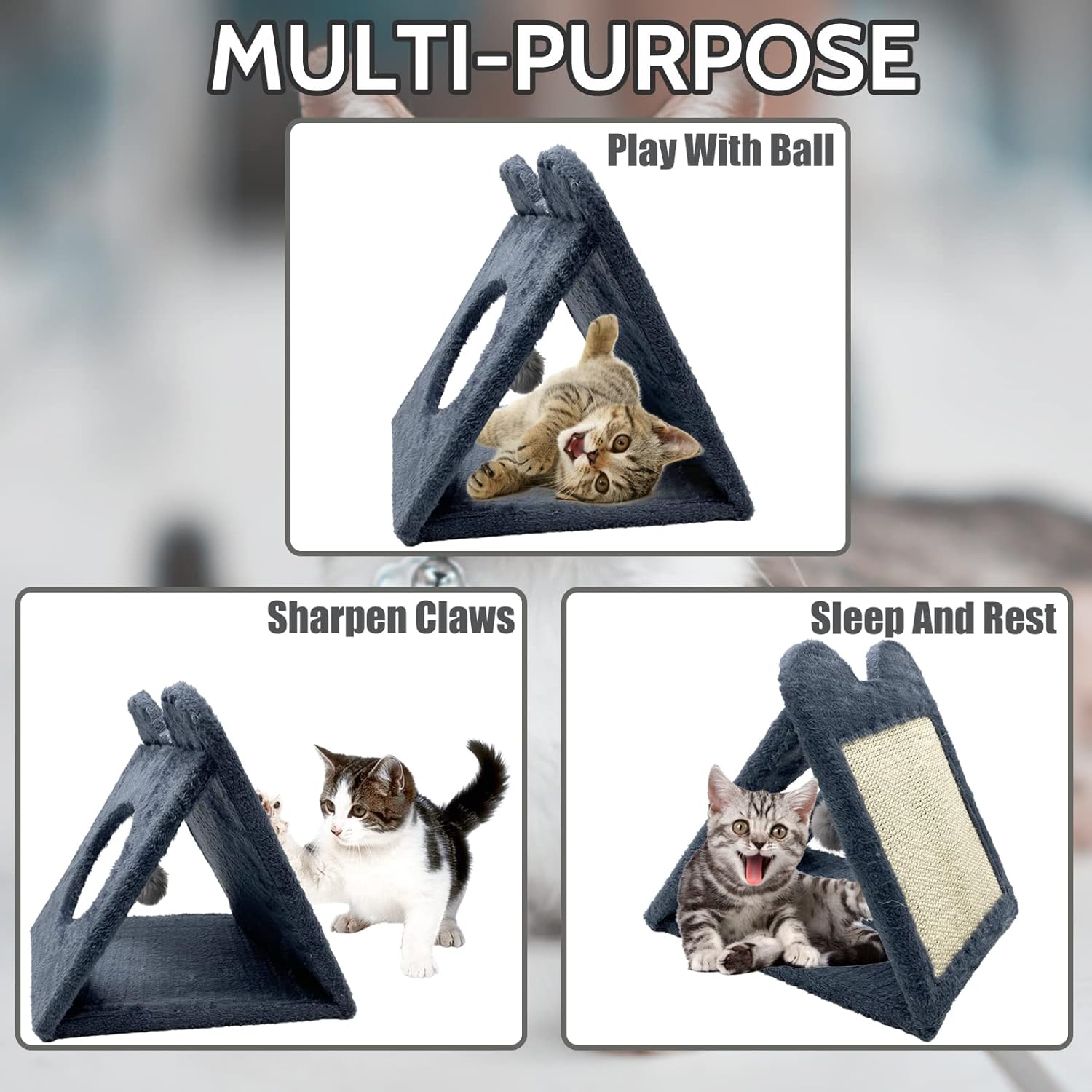Fhiny Poste rascador triangular para gatos, sisal natural para gatos con bola de felpa colgante, nido de cueva para mascotas, centro de actividades