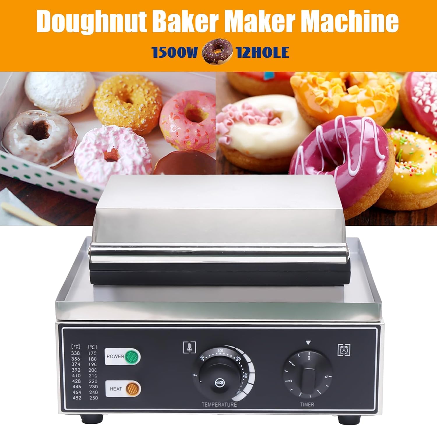 Máquina eléctrica para hacer donas de 110 V 1500 W, 12 piezas de acero inoxidable para hacer donas, máquina de panqueques de aluminio con capa de