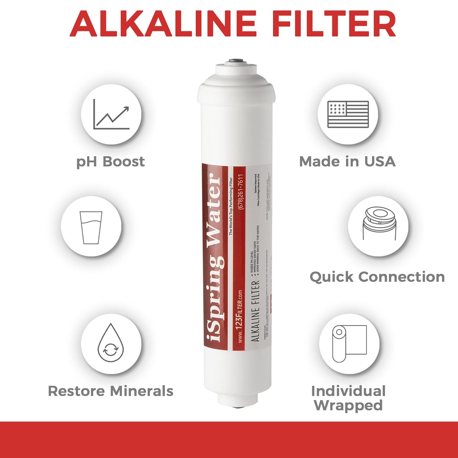 iSpring FA15US Premium Cartucho de filtro de agua alcalino universal en línea de 10 pulgadas con calcita para ósmosis inversa RO System, pH+,