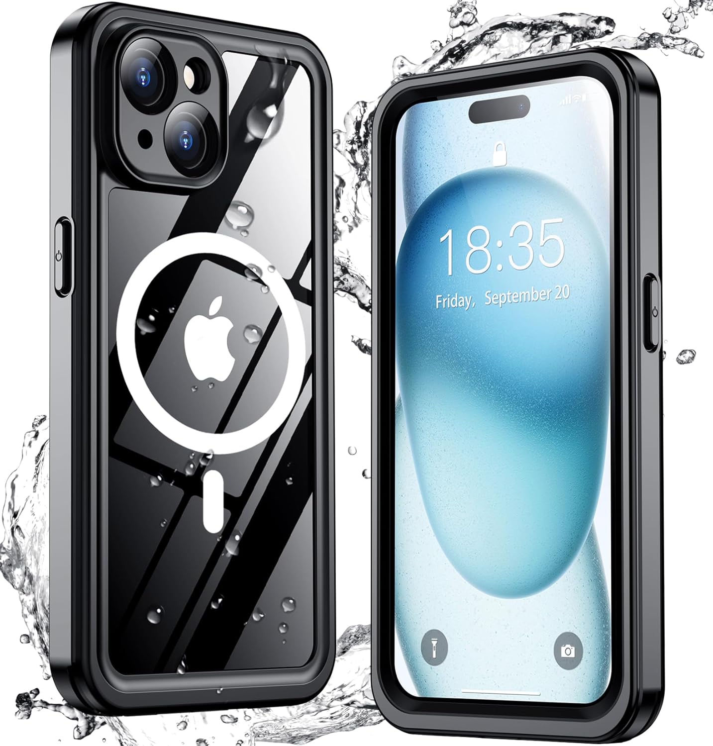 Funda magnética para iPhone 15 impermeable, protector de pantalla integrado y protector de cámara de vidrio templado, IP68 bajo el agua, a prueba de