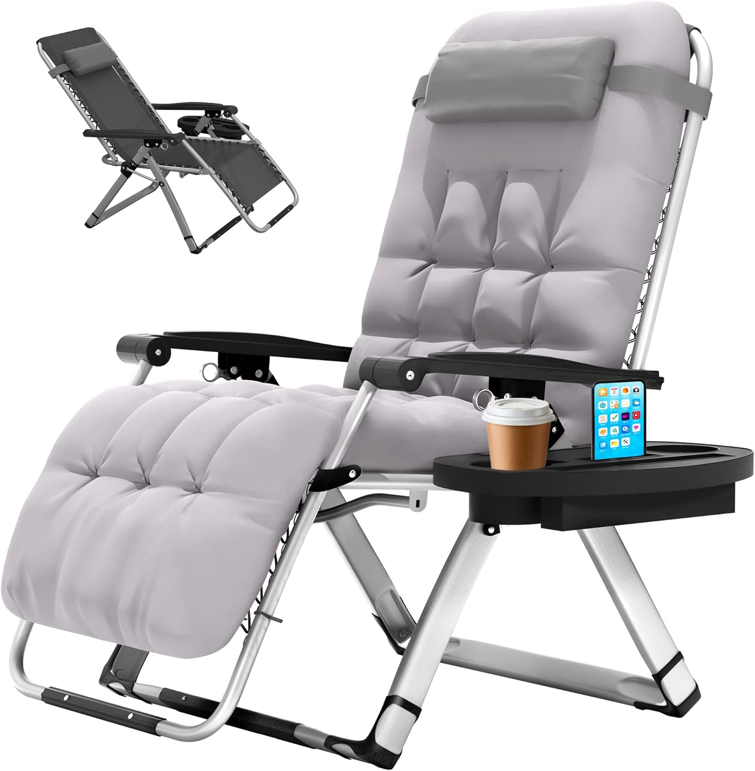 Elevens Silla de gravedad cero de gran tamaño, silla reclinable de 28 pulgadas con cojín y bandeja extraíbles, silla de patio con reposacabezas