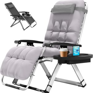 Elevens Silla de gravedad cero de gran tamaño, silla reclinable de 28 pulgadas con cojín y bandeja extraíbles, silla de patio con reposacabezas Elevens Silla de gravedad cero de gran tamaño, silla reclinable de 28 pulgadas con cojín y bandeja extraíbles, silla de patio con reposacabezas