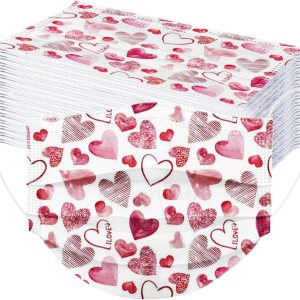 Paquete de 50 mascarillas desechables de San Valentín para adultos, con estampado de corazón, desechables, para adultos, vacaciones, parejas, Paquete de 50 mascarillas desechables de San Valentín para adultos, con estampado de corazón, desechables, para adultos, vacaciones, parejas,