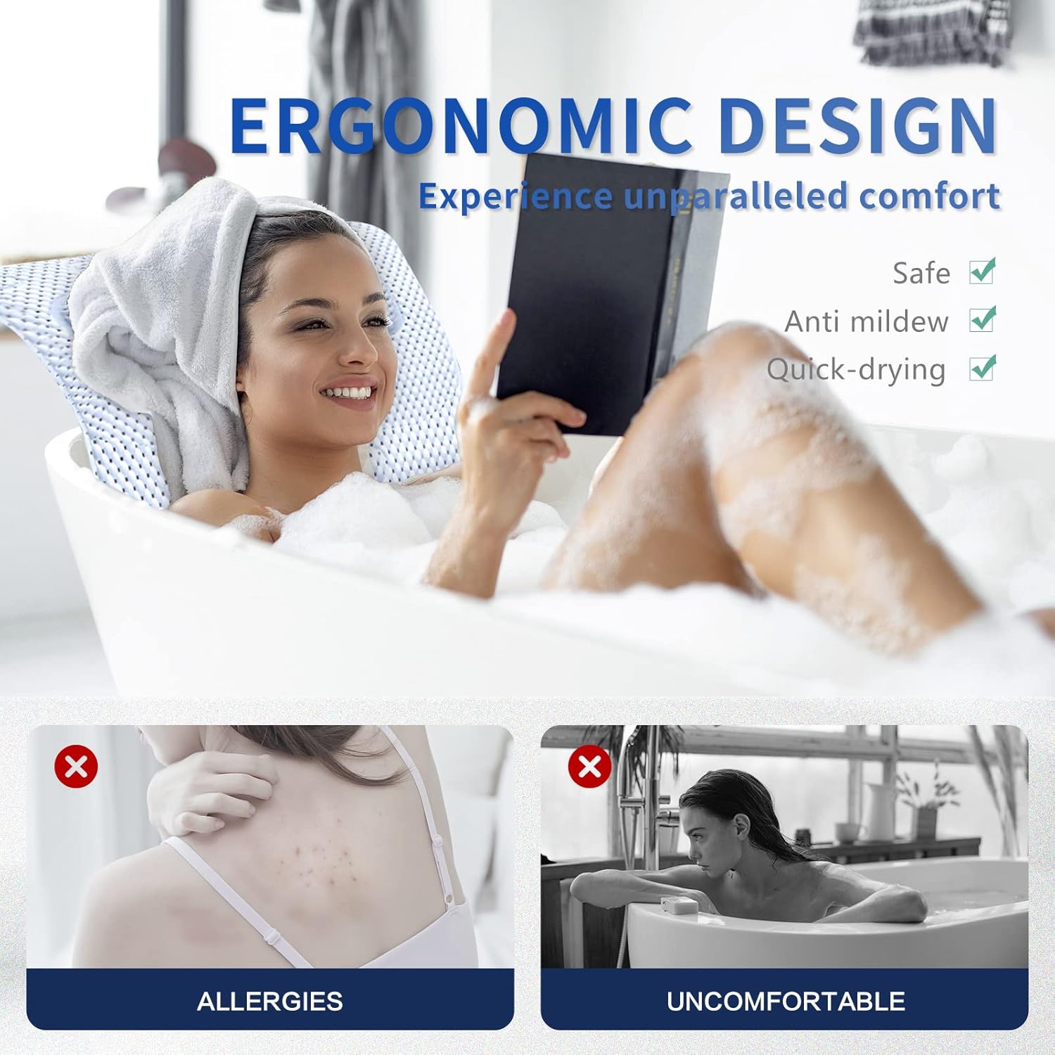SurSoul – Almohada de baño de cuerpo completo, almohada de spa de secado rápido para bañera, almohada de bañera con PVC suave, cama de baño con