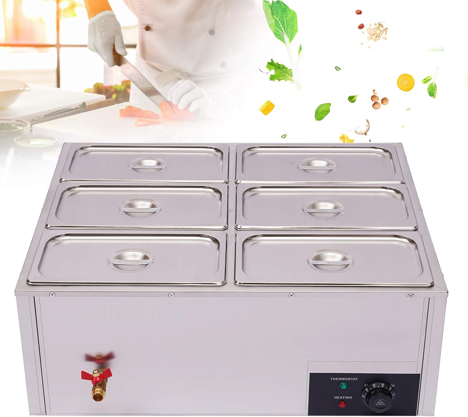 Calentador de alimentos eléctrico comercial de 6 bandejas, 110 V, 850 W, acero inoxidable, Bain-Marie, para encimera de bufé, vaporizador de vapor,