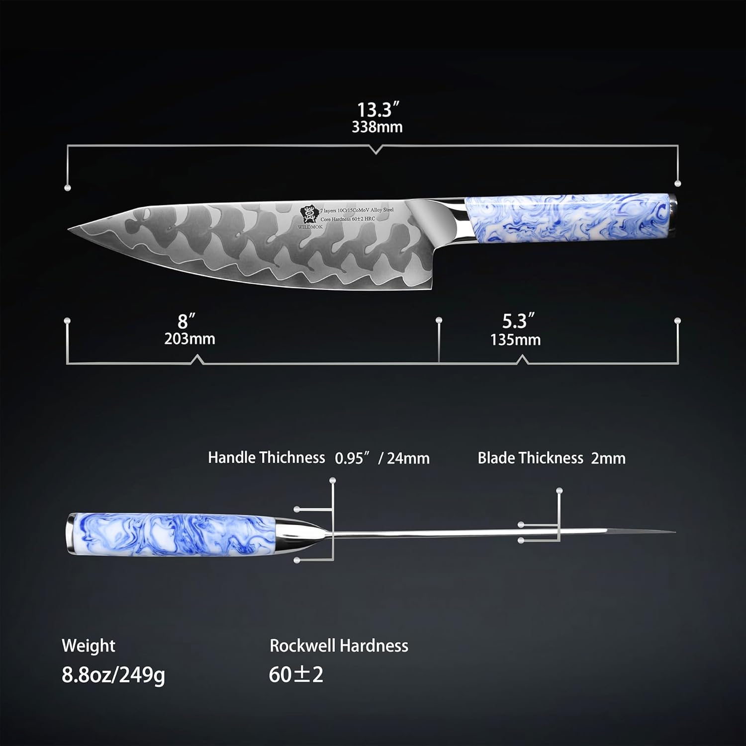 WILDMOK Cuchillo de chef de 8 pulgadas, cuchillos de cocina japoneses ultra afilados  7 capas 10Cr15CoMoV Cuchillo de chef de acero revestido con