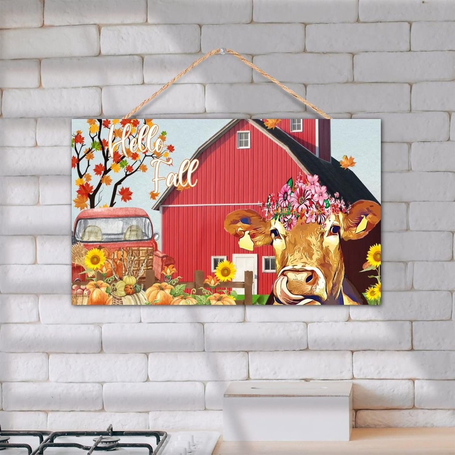 TEANFUN Letrero de bienvenida con texto en inglés Hello Fall de madera de otoño, decoración de puerta delantera de vaca de granja, decoración de
