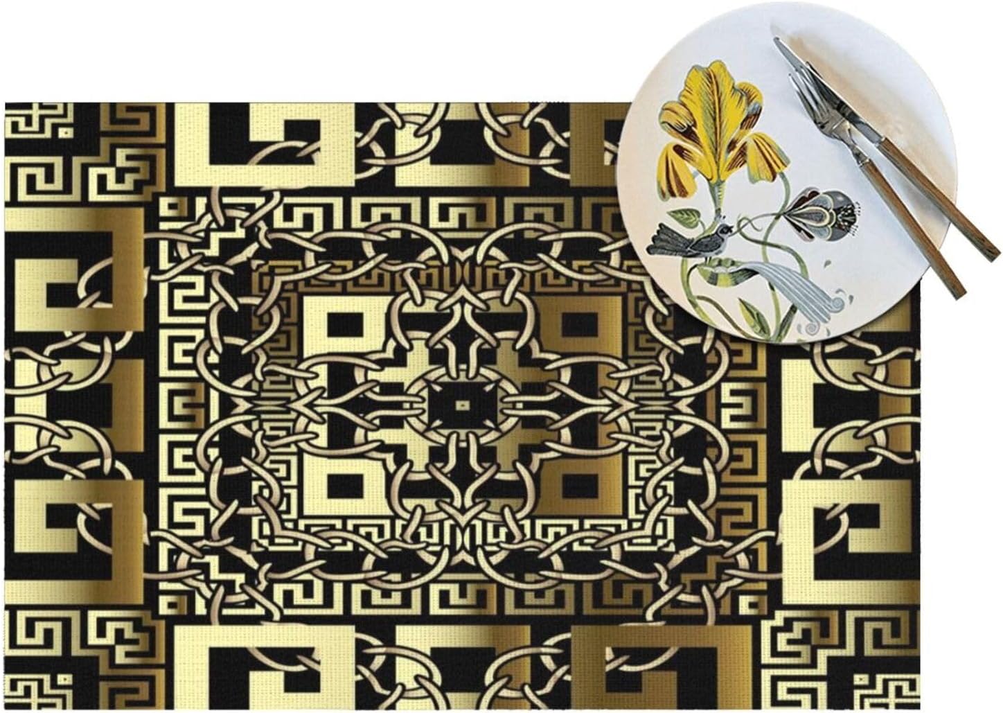 Manteles individuales tejidos de PVC con llave geométrica dorada griega para decoración de mesa, fiesta al aire libre y cocina, comedor, manteles