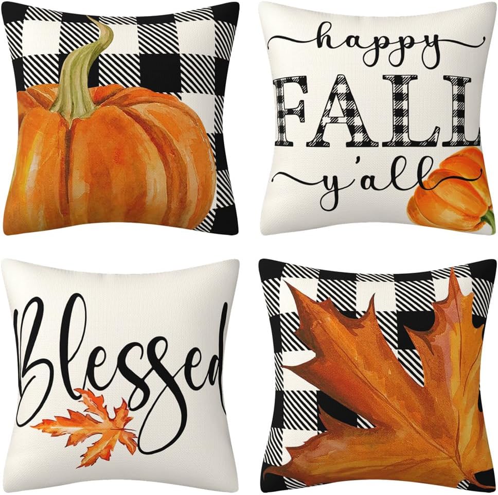 Fundas de almohada de otoño para exteriores, 18 x 18 pulgadas, juego de 4 fundas de almohada de Acción de Gracias, calabaza naranja y blanca con