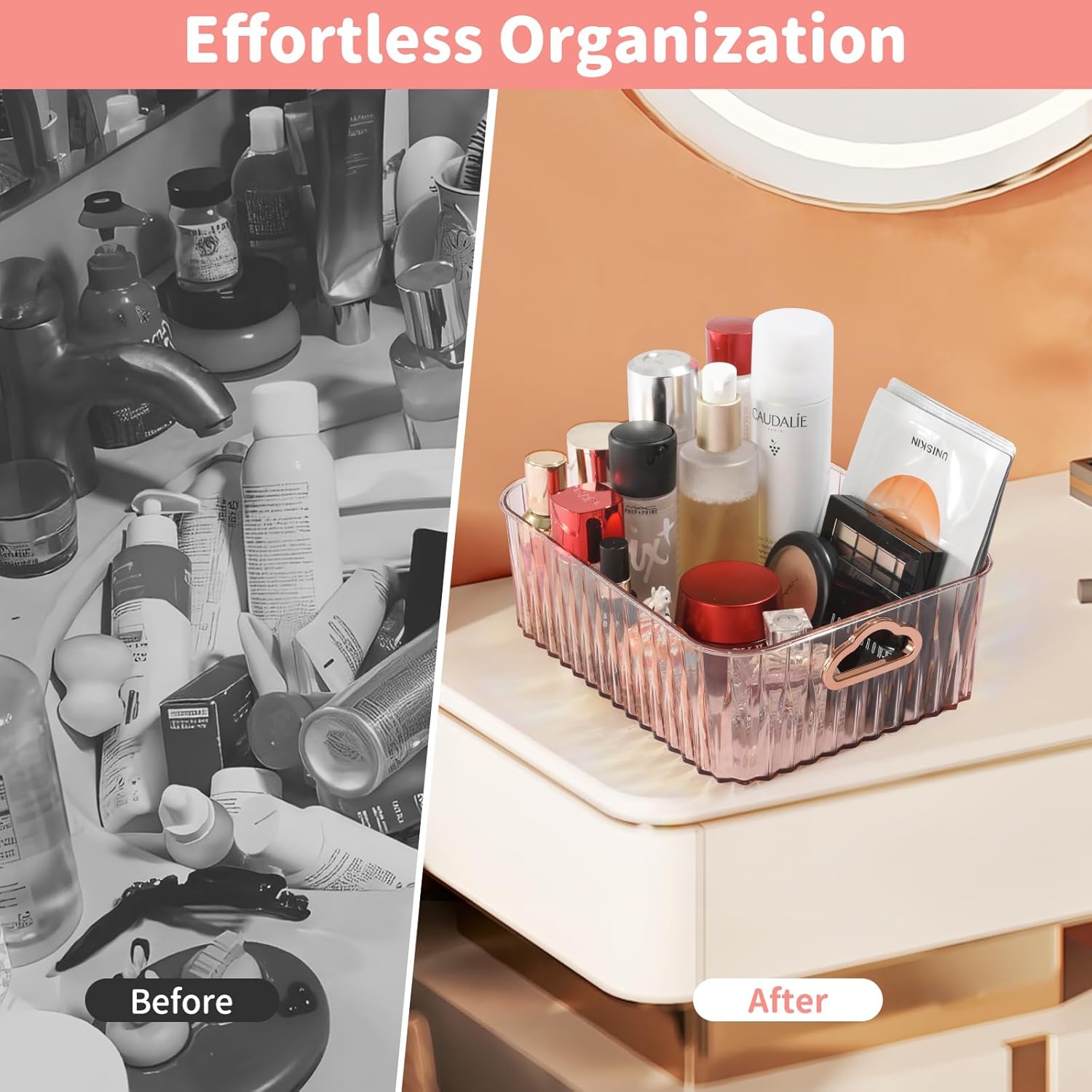 WINJECEI Paquete de 2 organizadores de maquillaje verde y rosa, organizadores de tocador de gran capacidad de 10 x 8 pulgadas con asa, organizadores