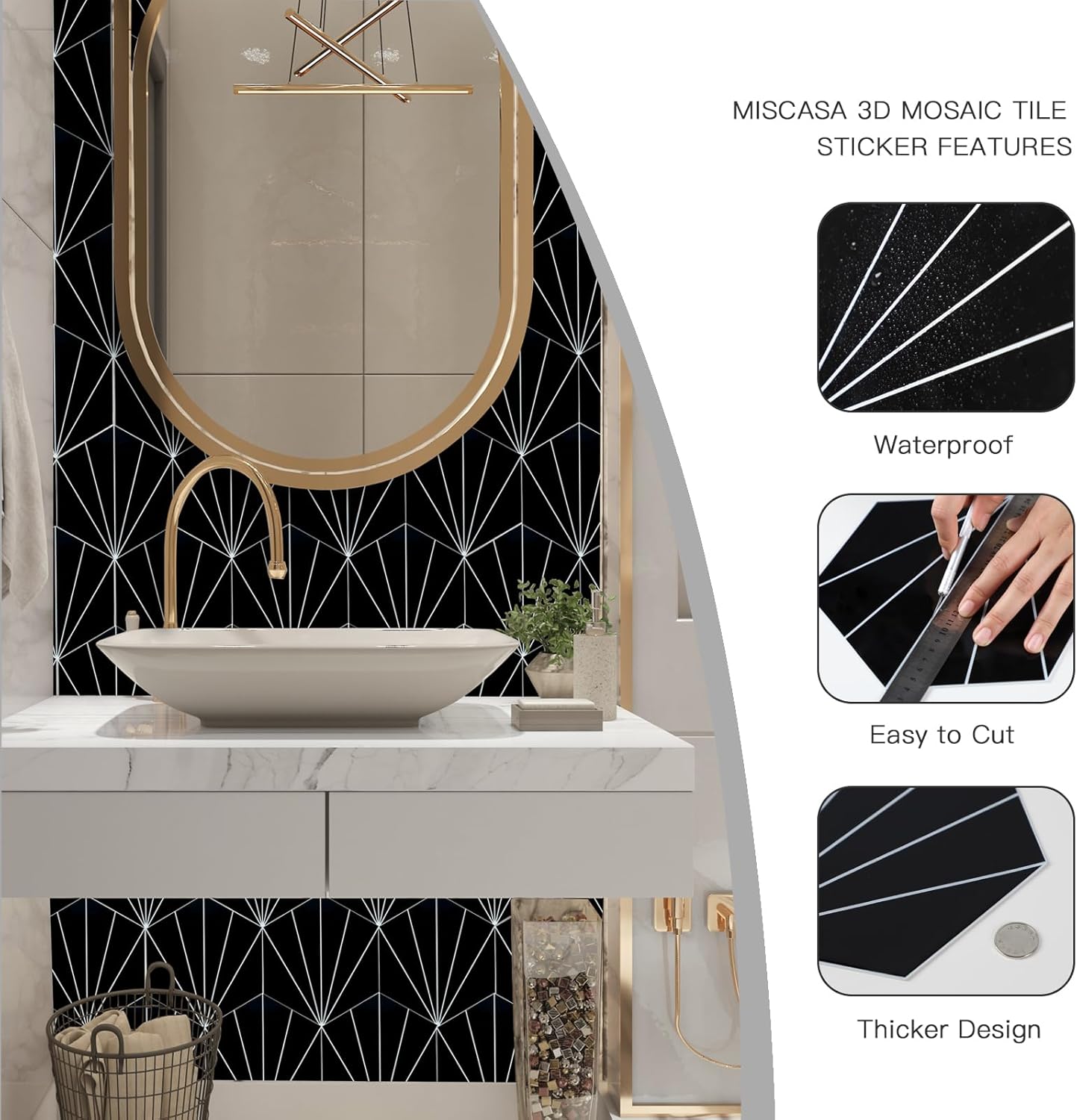 Miscasa Azulejo hexagonal autoadhesivo para salpicaduras en muro, diseño de flores, color negro, para decoración de sala de estar, cocina, baño