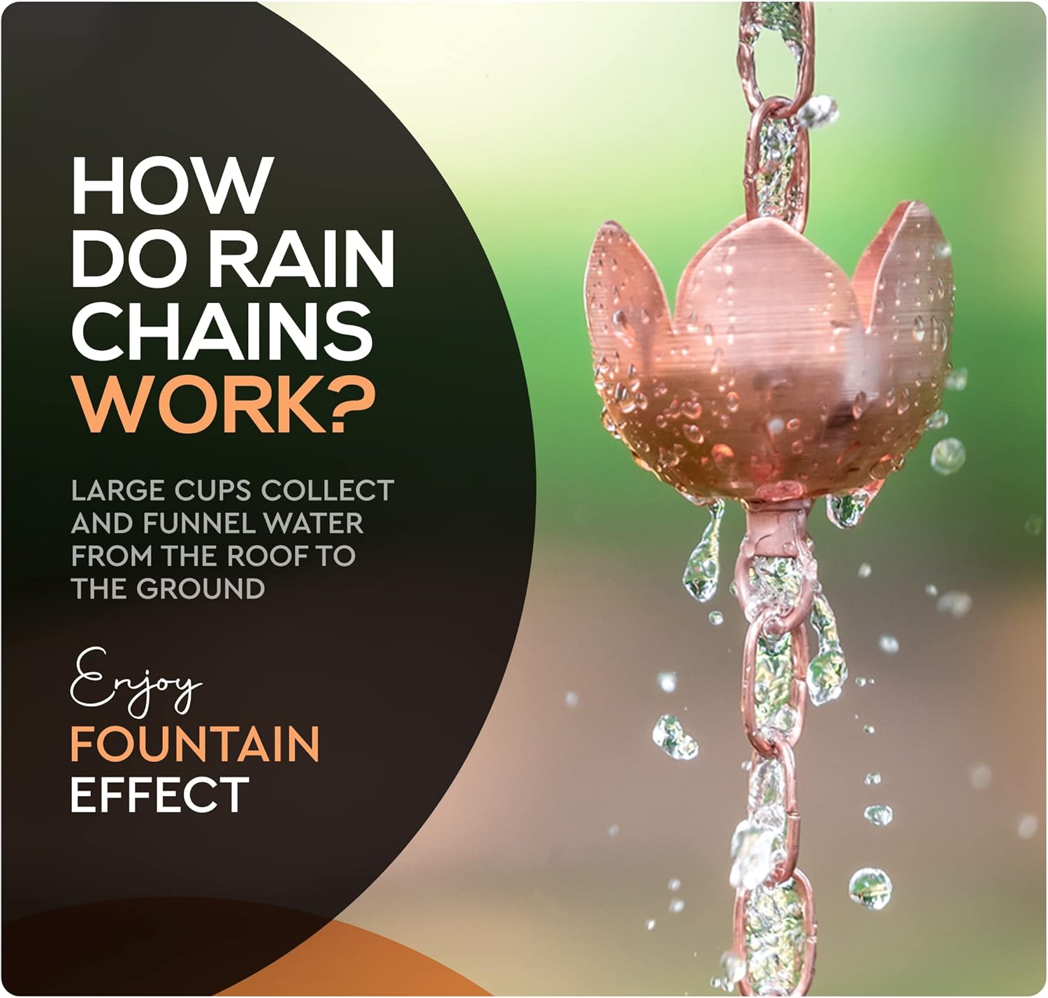 Cadena de lluvia de cobre  Campanas decorativas y tazas reemplazan la canaleta y desvían el agua lejos de casa para una impresionante exhibición de