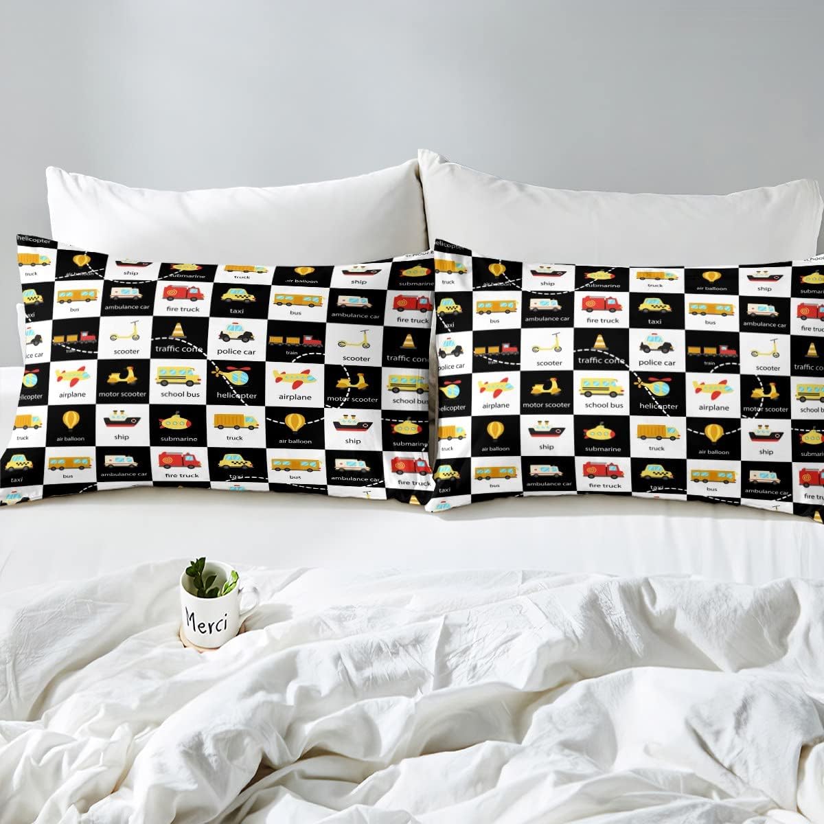 Juego de ropa de cama con diseño de retazos para niños, para niños, autobús escolar, helicóptero, avión, policía, automóvil, moto, ambulancia,