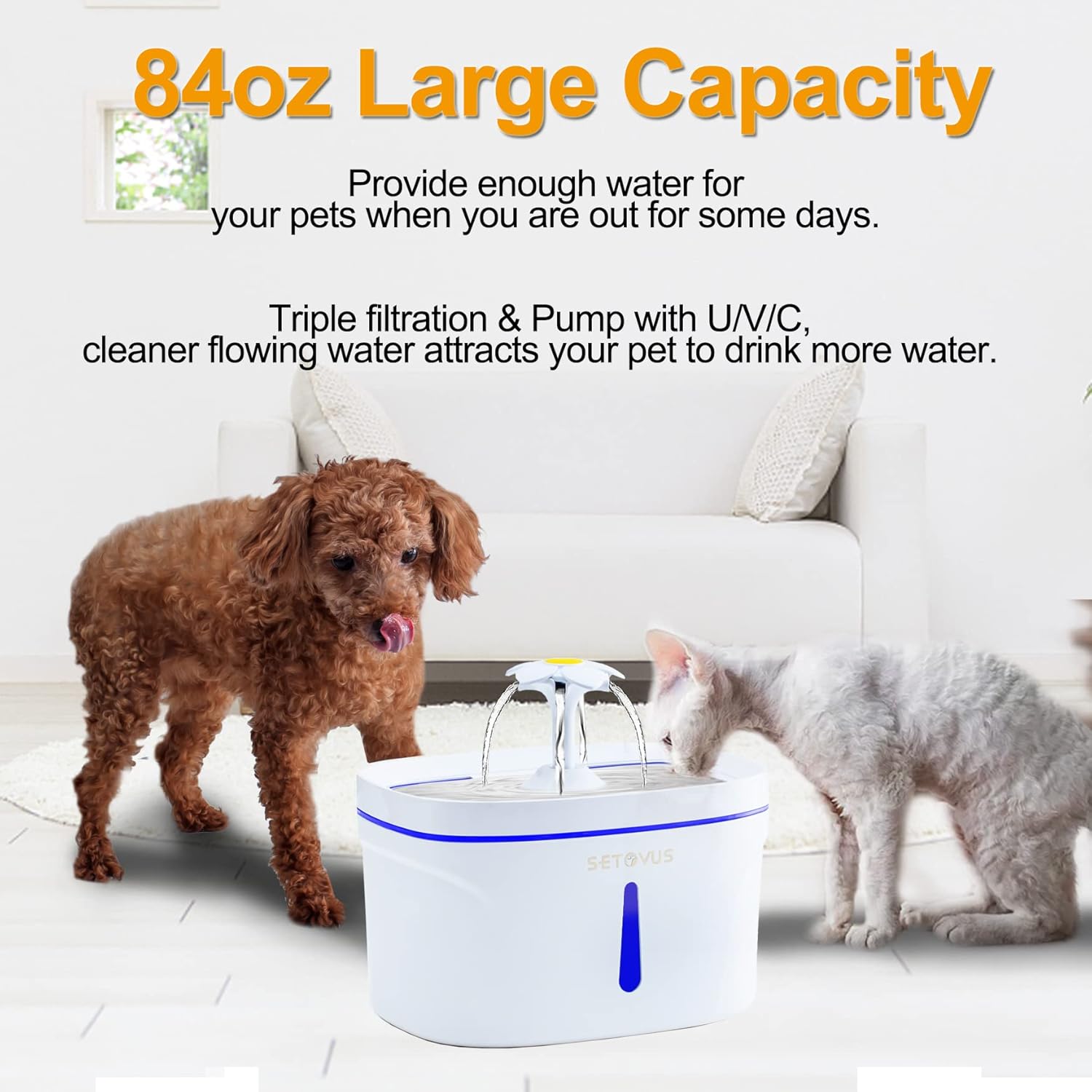 Fuente de agua para gatos, fuente de agua automática para mascotas de 84 oz2.5 L para gatos en el interior, fuente de agua para gatos con luz LED