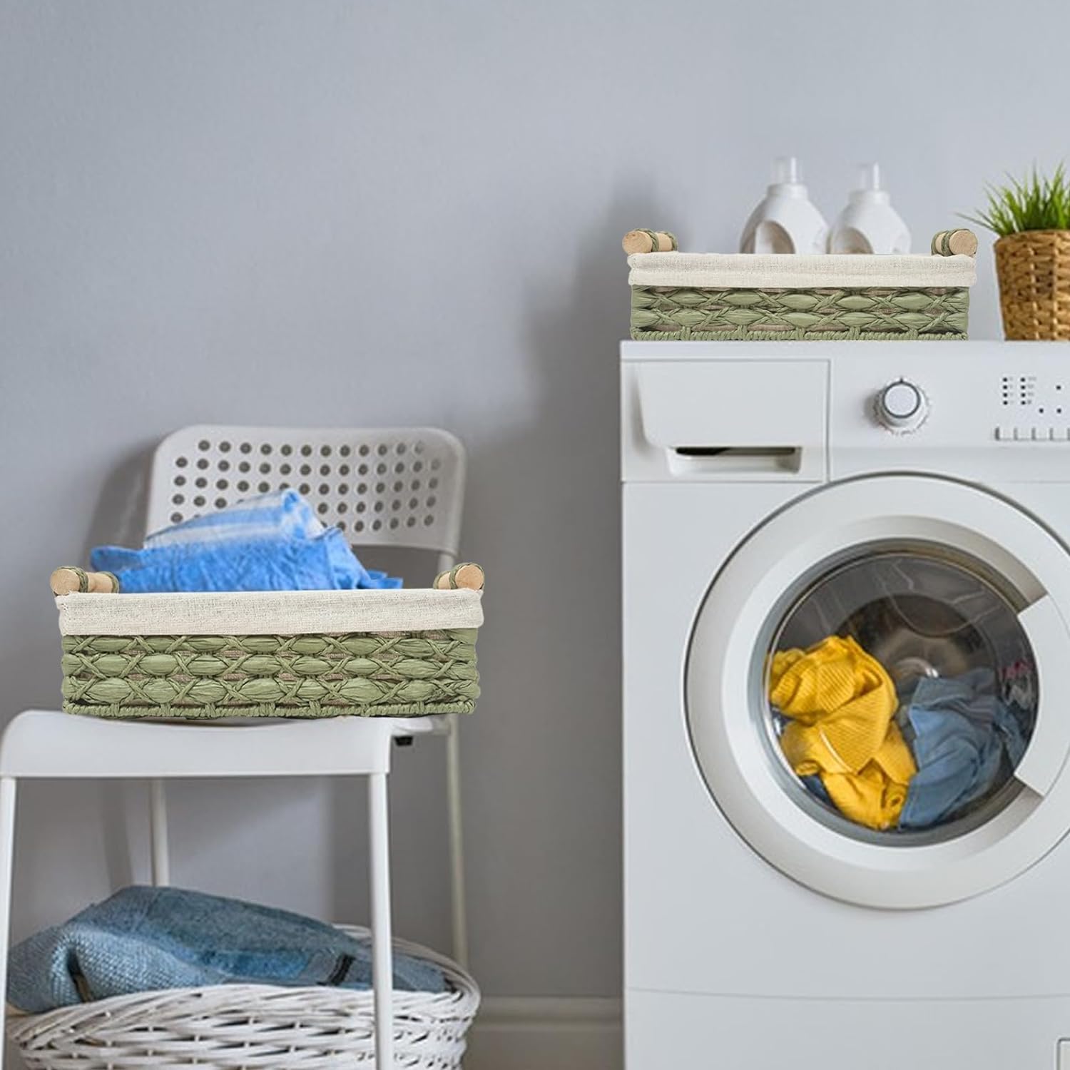 Cesta de almacenamiento de mimbre para organizar con asa, cubos de almacenamiento decorativos para encimera, cesta de almacenamiento de papel