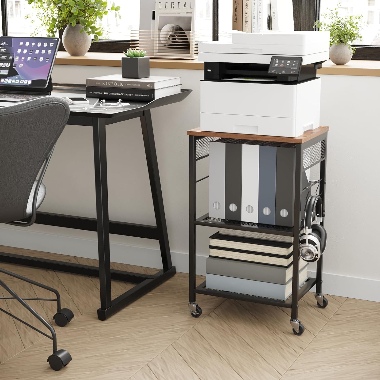 Soporte de impresora móvil de 3 niveles, carrito de impresora con ruedas y 2 ganchos, mesa de impresora rodante para el hogar, oficina, aula, color