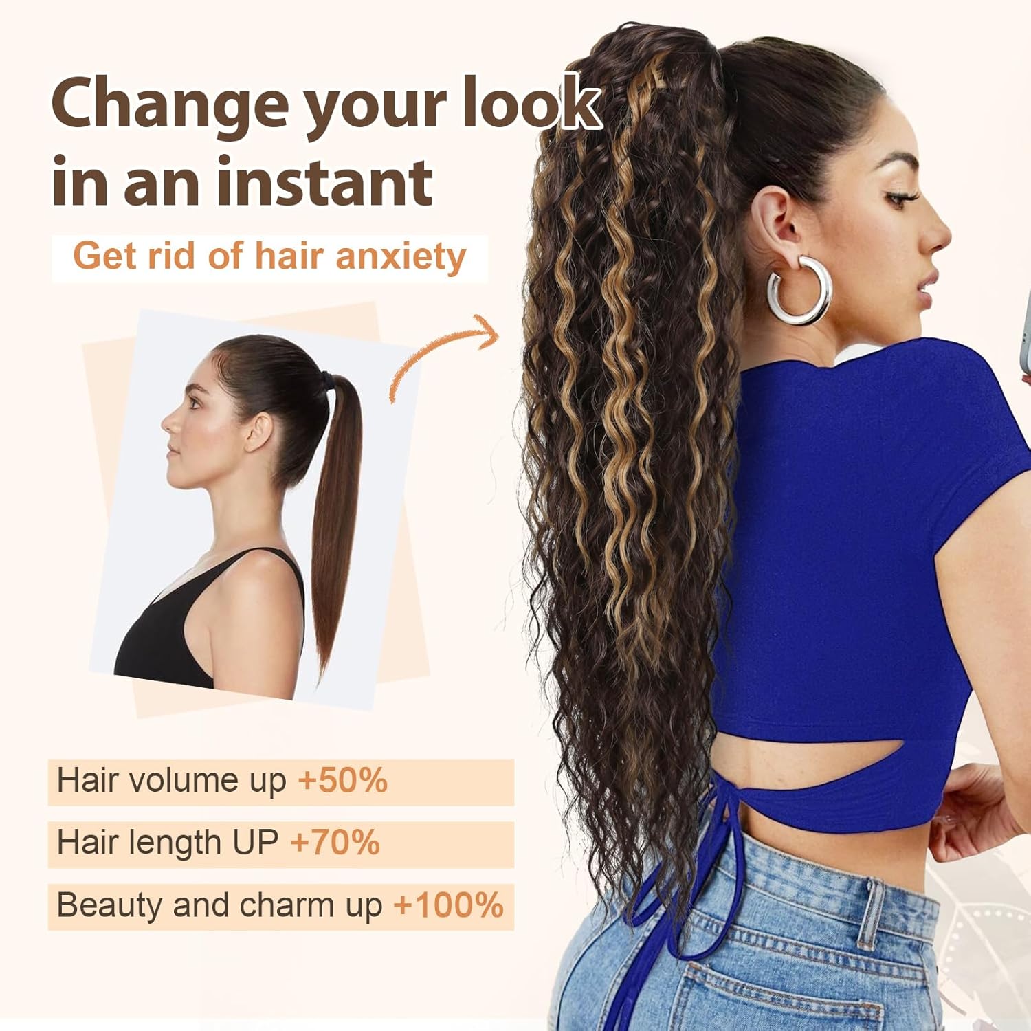 FLUFYMOOZ Extensión de cola de caballo, 22 pulgadas, estilo bohemio, con cordón, extensiones de cabello para mujer, cola de caballo larga y rizada,