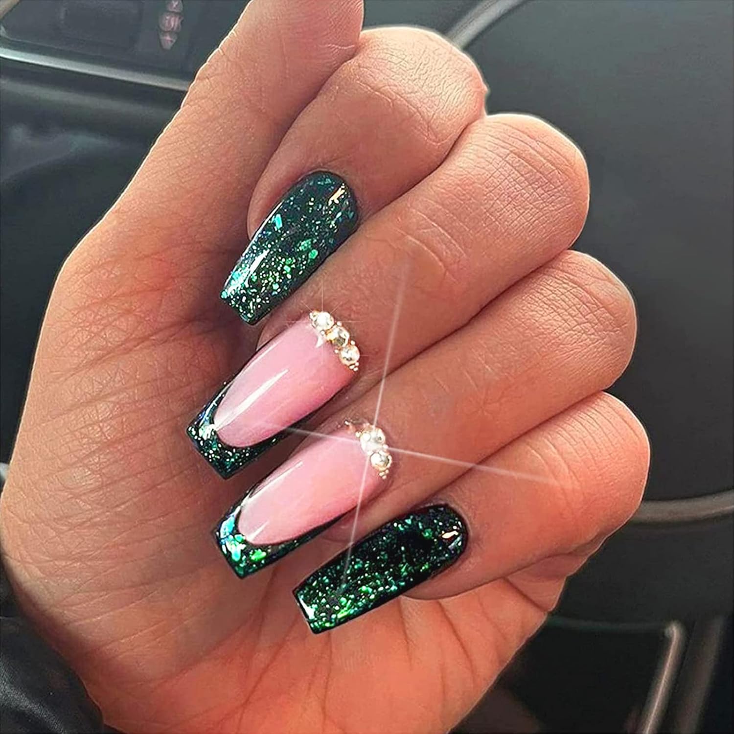 Uñas postizas a presión con forma de ataúd, uñas postizas con punta francesa, uñas postizas de cobertura completa con diseño de purpurina y