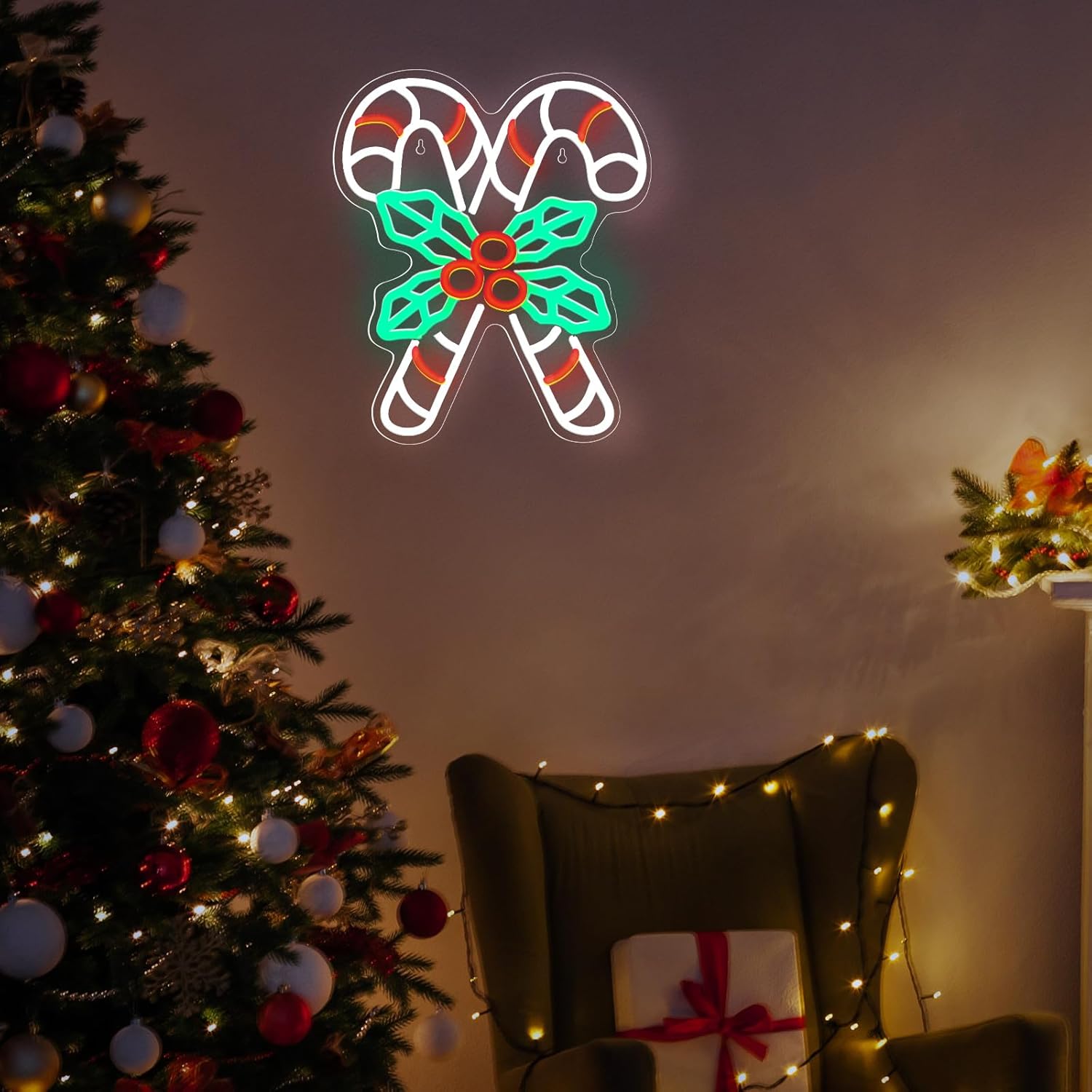 Letrero de neón de caramelo de Navidad de 14.2 x 11.8 pulgadas, letreros LED alimentados por USB, decoración de pared para el hogar, decoración de
