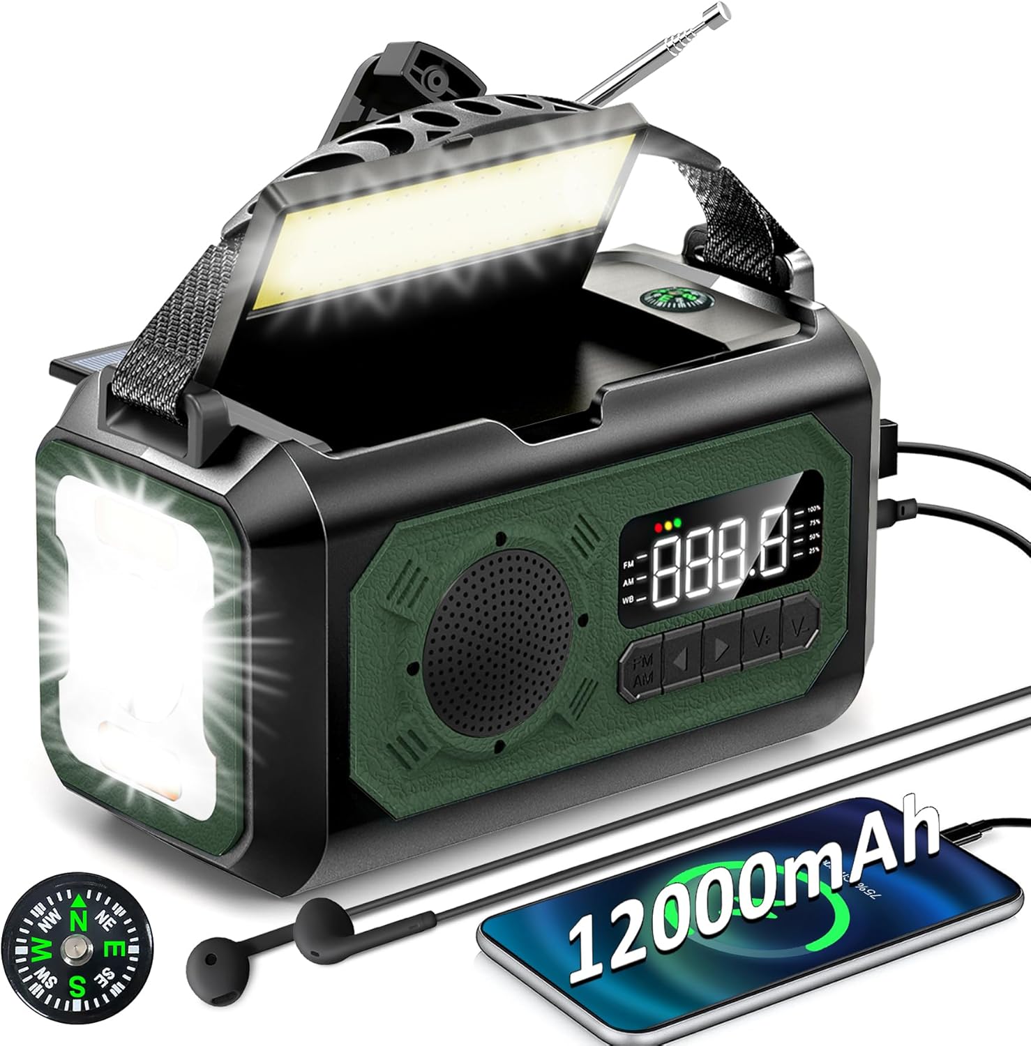 Radio meteorológica de emergencia de 12000 mAh, radio de manivela, radio AMFMNOAA portátil con 2 paneles solares, radio solar multifunción con