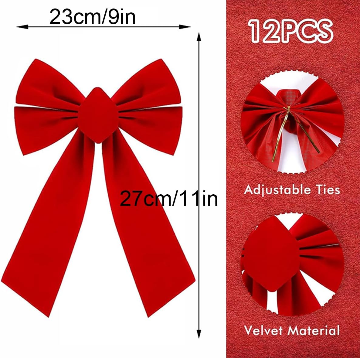 Paquete de 12 lazos de Navidad de terciopelo rojo, lazo grande de 9 x 11 pulgadas para decoración de árbol de Navidad, grandes lazos de Navidad para