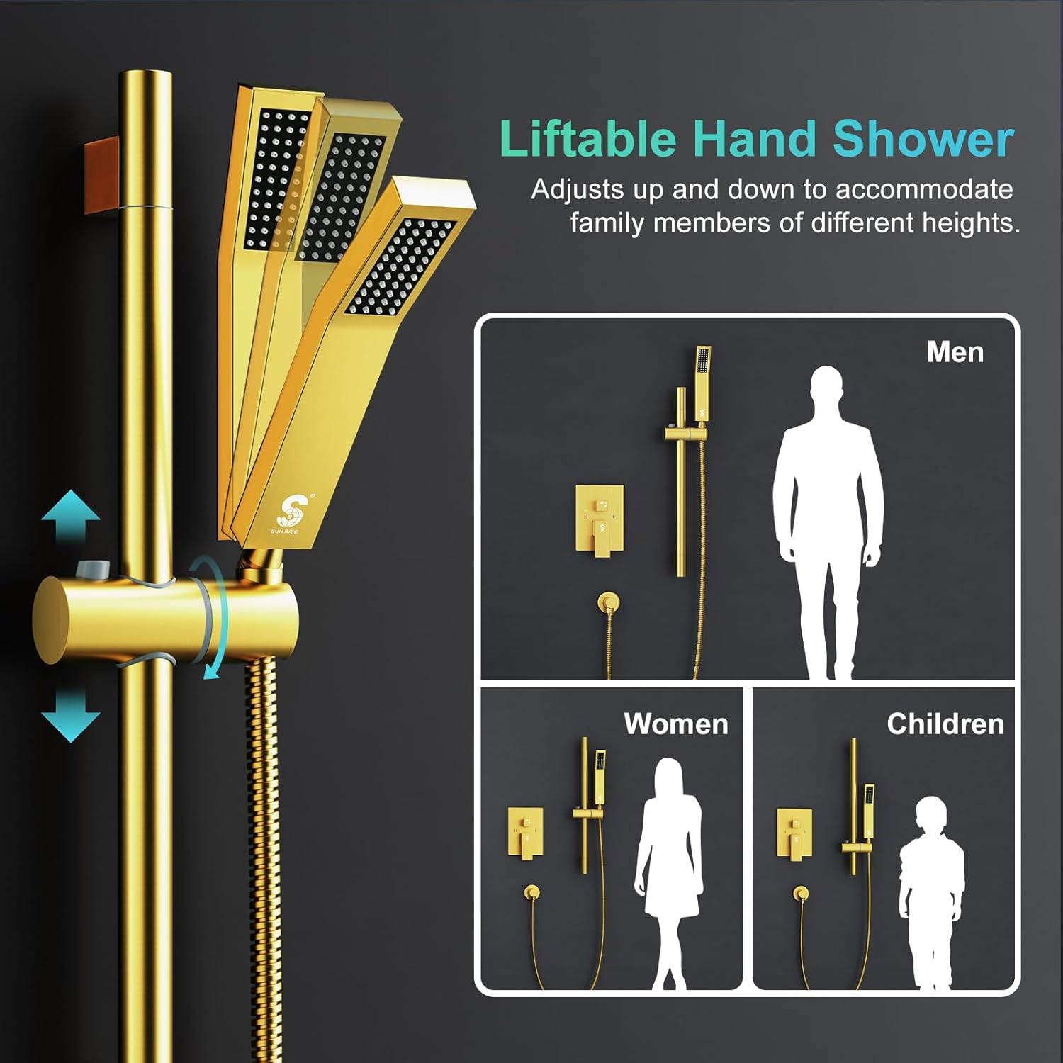 SR SUN RISE Juego de grifo de ducha dorado cepillado de 8 pulgadas, barra deslizante ajustable de 16 pulgadas para montaje en pared con sistema de