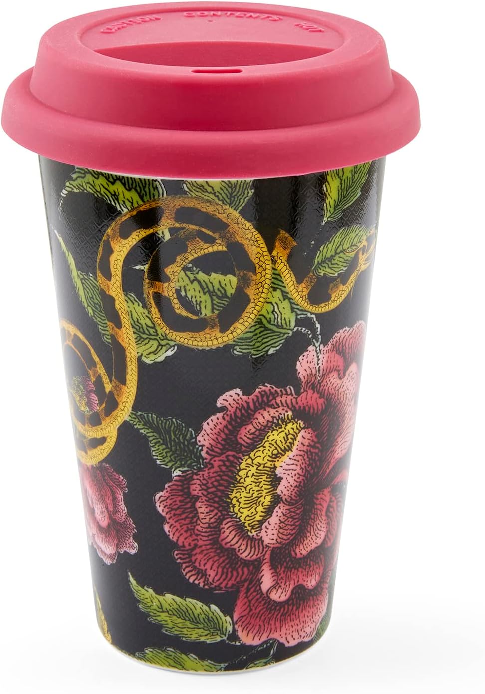 Spode Creatures of Curiosity Collection – Taza de viaje con tapa, vaso para café y té, taza de agua, 10 onzas, diseño floral oscuro, apto para